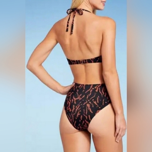 Cut Out Halter Monokini One Piece Swimsuit BLACK Animal Print XL (16-18) - Picture 4 of 5